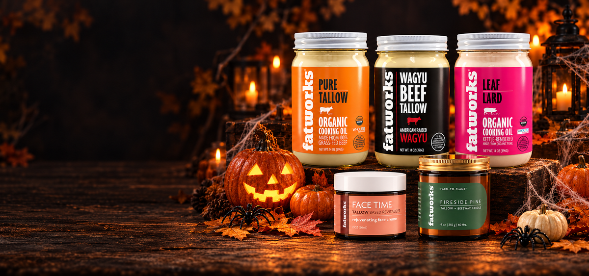Five Fatworks products staged with pumpkins, spiderwebs and decorative spiders for Talloween®.